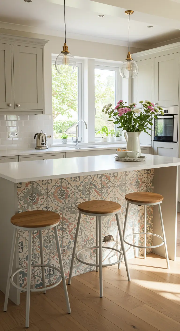 Isla de cocina revestida con azulejos de patrón bohemio en tonos pastel y taburetes altos.