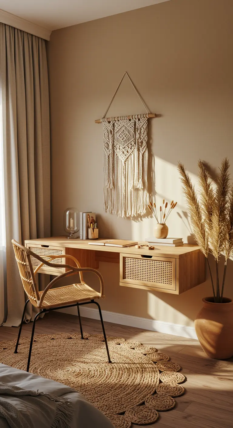 Escritorio flotante de madera con frentes de cajones de rejilla de cannage y decoración boho.