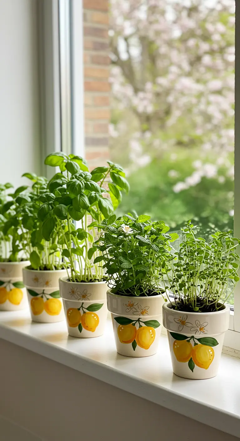Fila de macetas blancas en un alféizar, cada una pintada con limones amarillos.