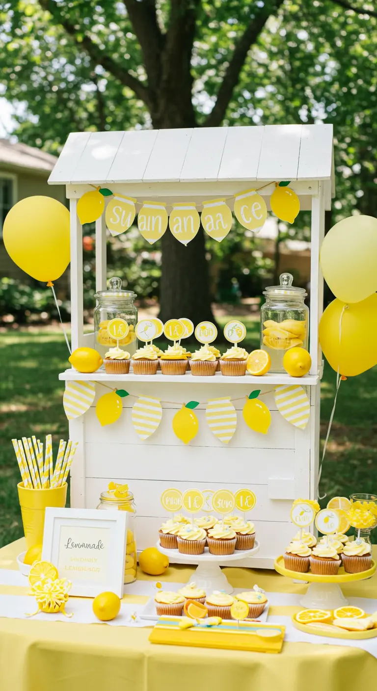 Adorable puesto de limonada blanco con cupcakes, globos y decoración amarilla.