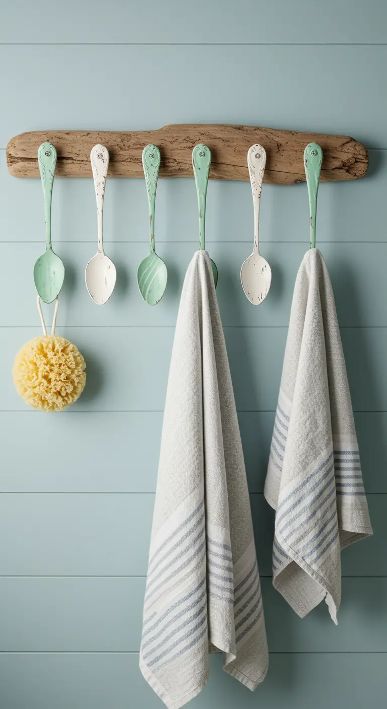 Cucharas pintadas en tonos menta y blanco sobre madera flotante, usadas como toallero de baño.