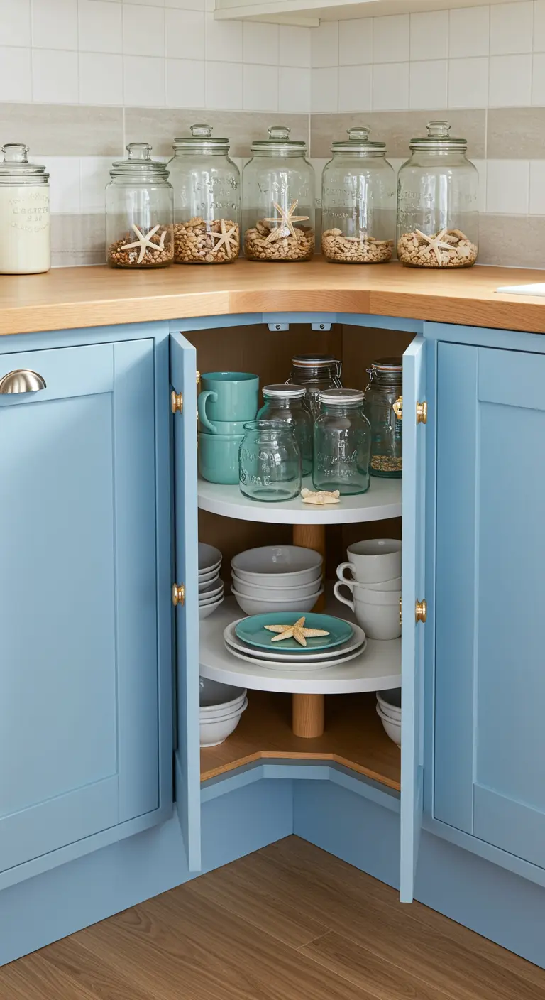 Cocina azul de estilo costero con estantes giratorios blancos que organizan vajilla y jarras.