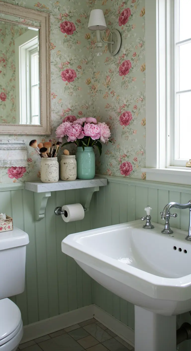 Frascos de vidrio pintados en tonos pastel sobre una repisa en un baño floral.