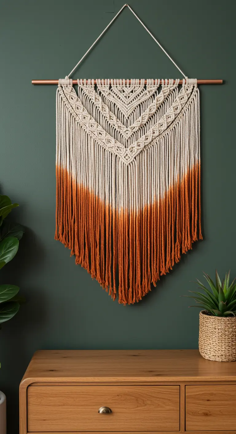 Tapiz de macramé con las puntas de los flecos teñidas en un degradado de color naranja intenso.