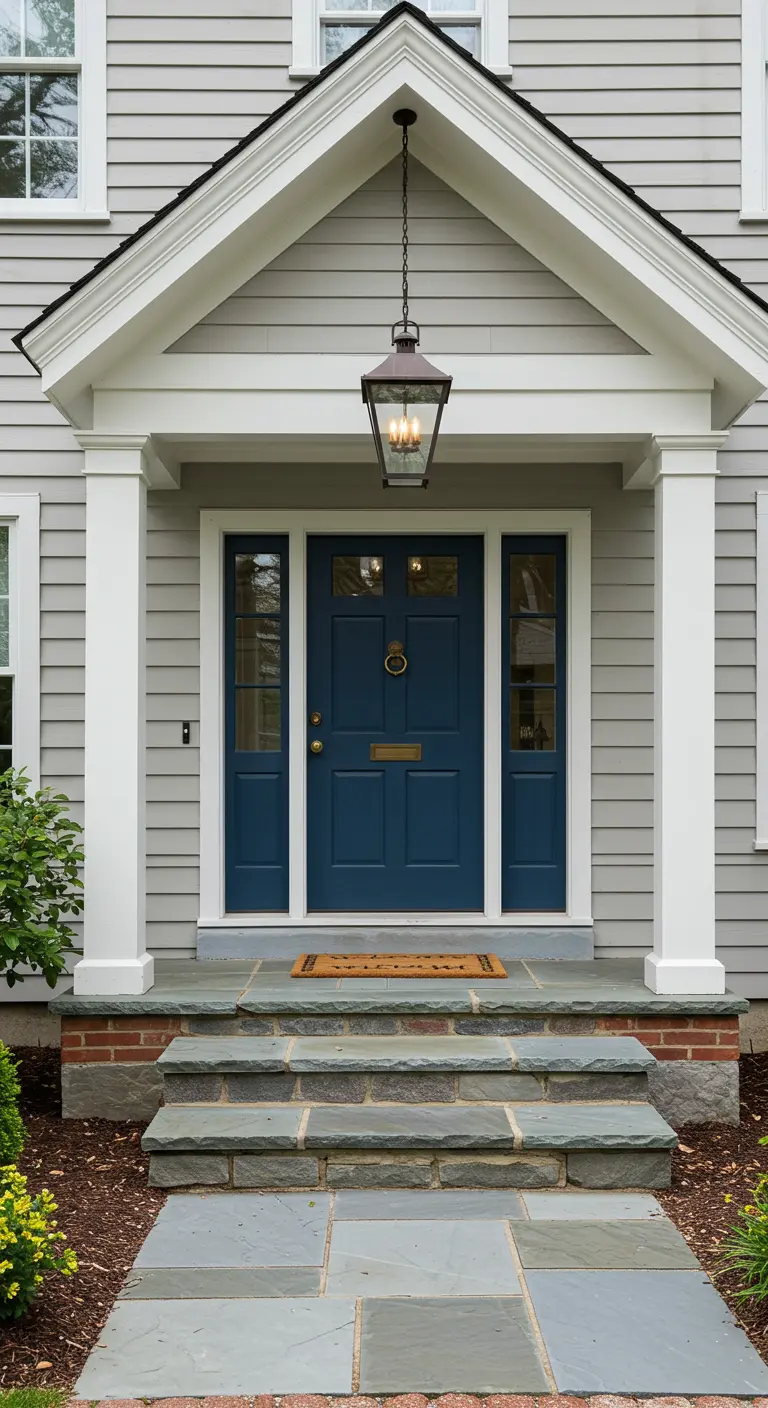 Puerta de entrada azul marino en una casa colonial con revestimiento gris y columnas blancas