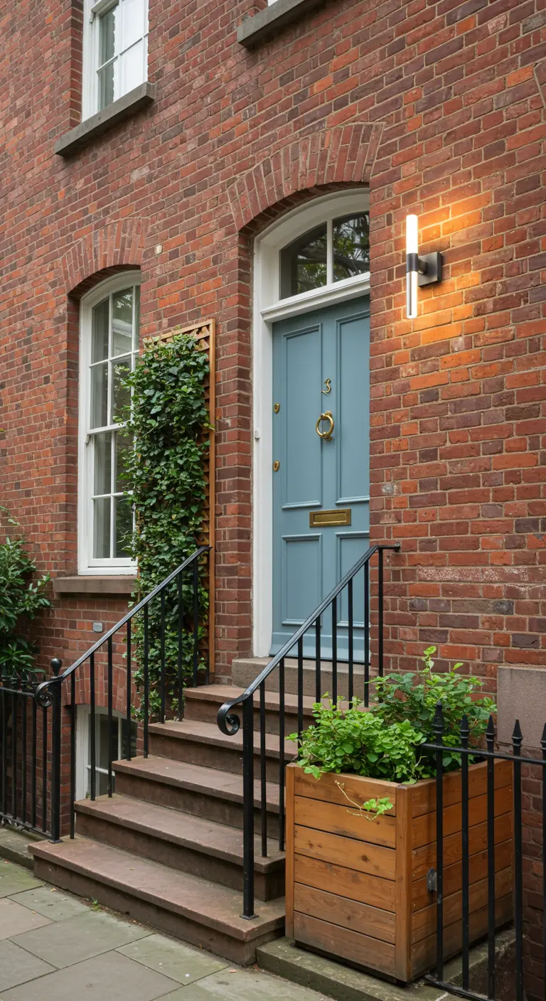 Entrada de ladrillo con puerta azul, barandilla negra y una jardinera alta de madera con hiedra.