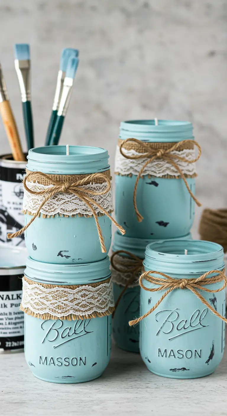 Frascos Mason pintados de azul tiza con acabado desgastado, decorados con encaje y yute.