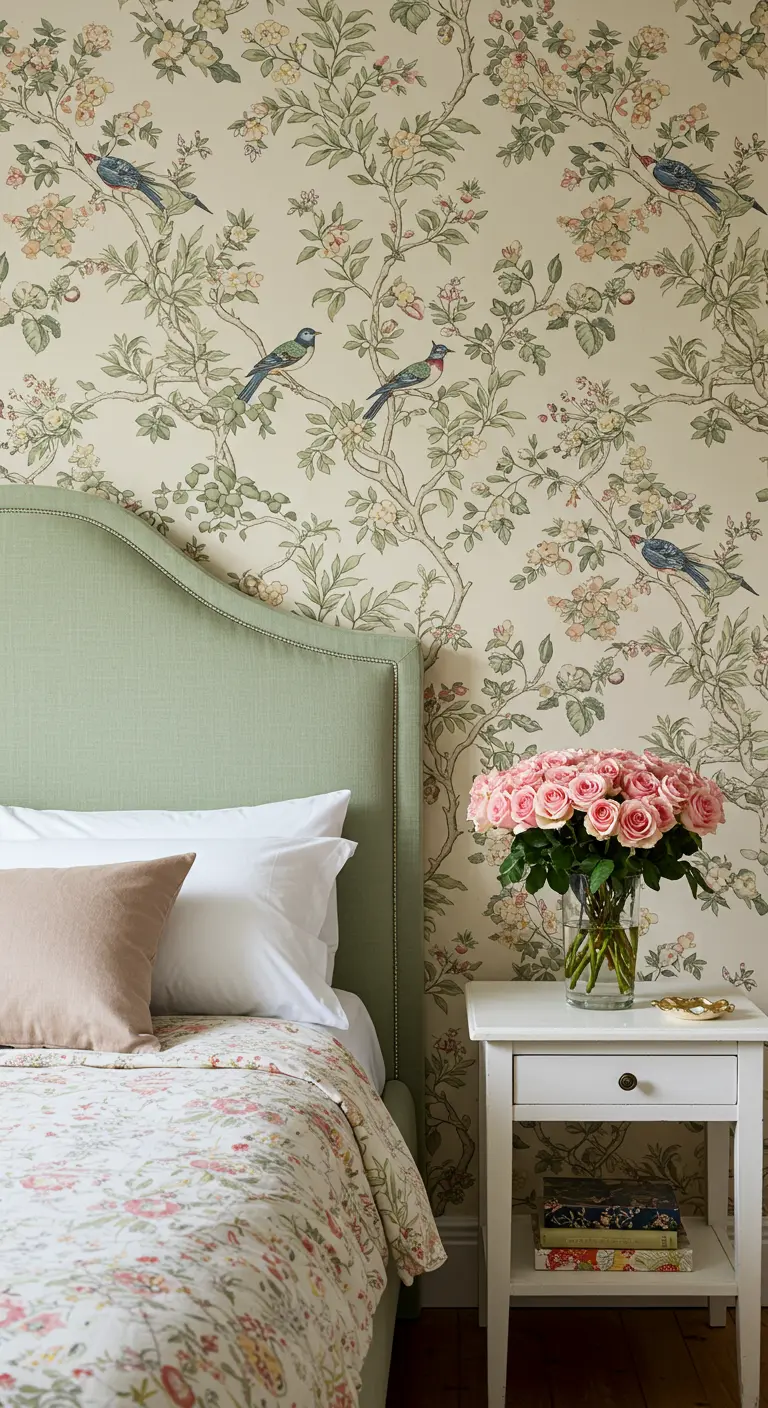 Dormitorio romántico con papel pintado de chinoiserie con pájaros y cabecero tapizado en verde salvia