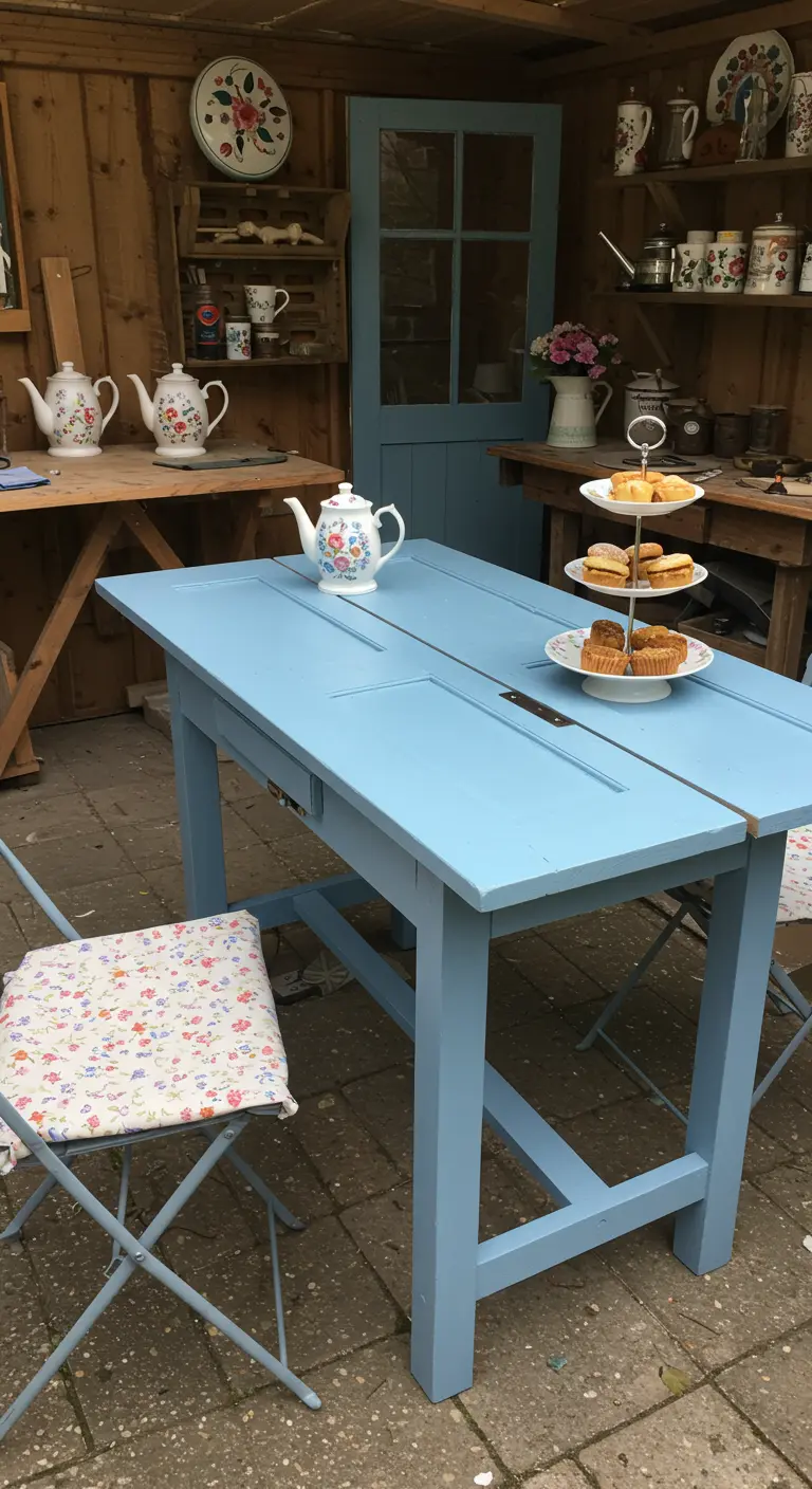 Mesa de comedor azul pastel hecha con una puerta de madera en un patio de estilo rústico.