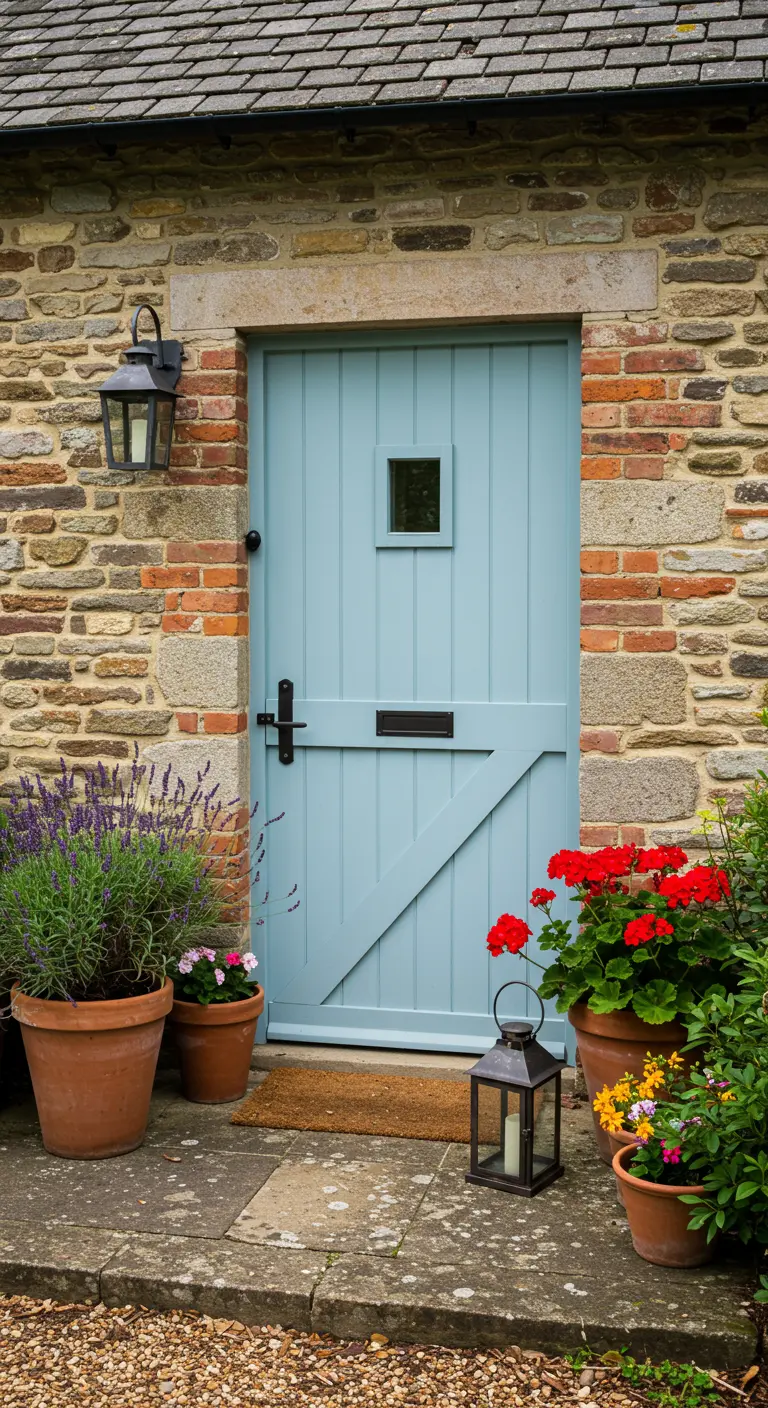 Puerta de granero azul claro en una pared de piedra rústica, rodeada de macetas con flores.