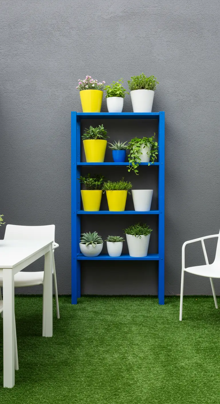 Estantería de madera pintada de azul vibrante sobre césped artificial con macetas amarillas y blancas.