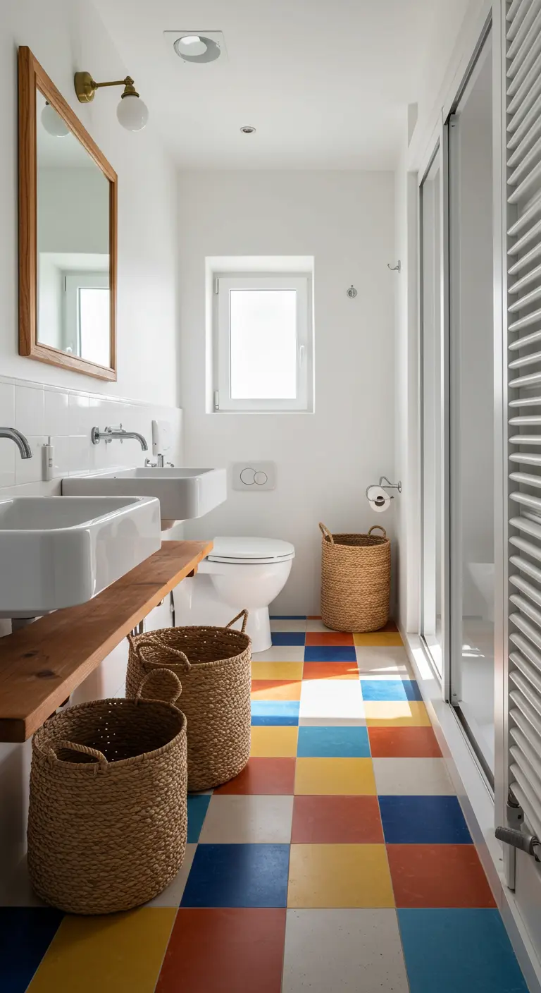Baño sencillo con suelo de baldosas de colores vivos en patrón de damero.