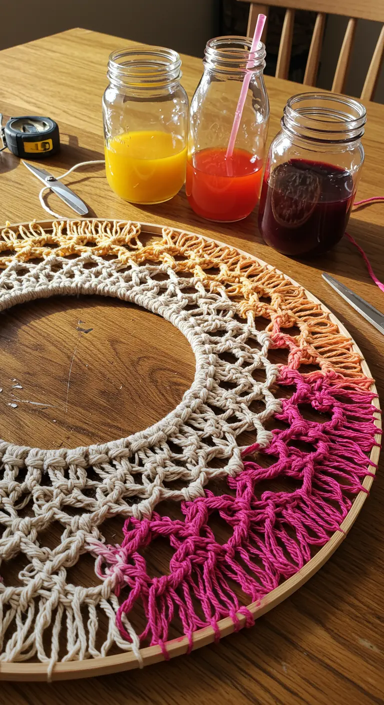 Proceso de teñido de un mandala de macramé con frascos de tintes de colores.
