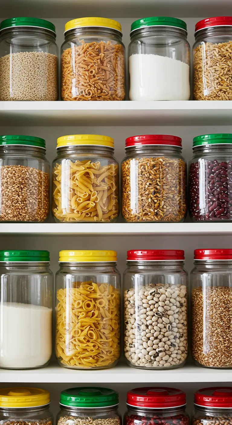 Estantes blancos de una despensa llenos de frascos de vidrio con tapas pintadas de colores vivos: rojo, verde y amarillo.