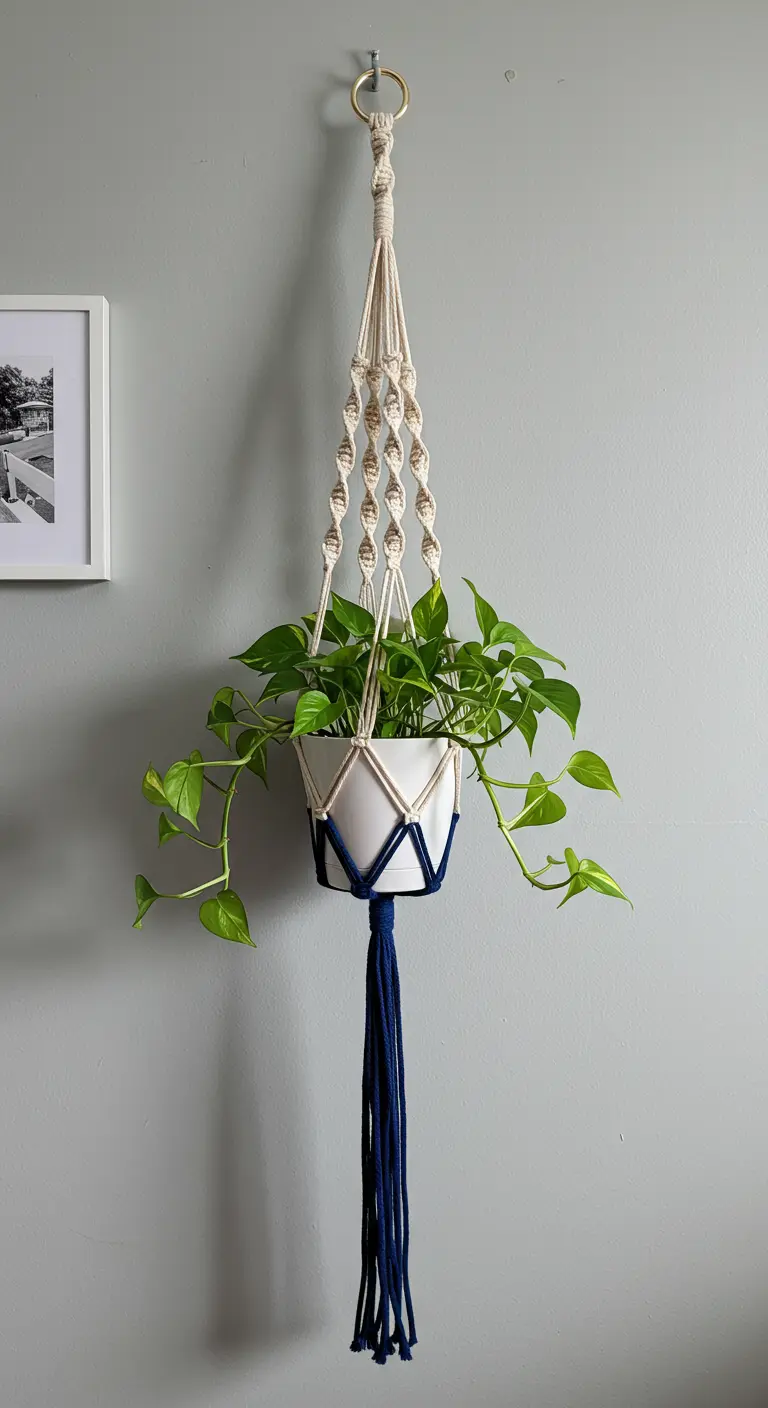 Colgador de macramé blanco con la parte inferior teñida de azul marino, sujetando un potos.