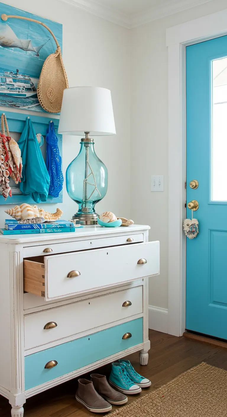 Cómoda blanca y azul con lámpara turquesa y percheros con detalles marinos.