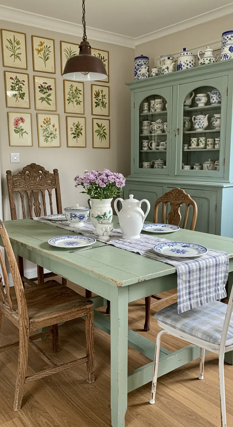 Comedor con mesa pintada de verde menta, alacena a juego y una pared con ilustraciones botánicas.