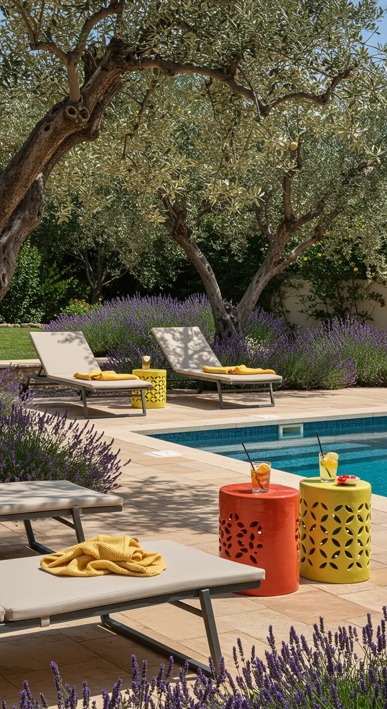Tumbonas junto a una piscina, rodeadas de lavanda y con mesitas auxiliares de cerámica de colores.