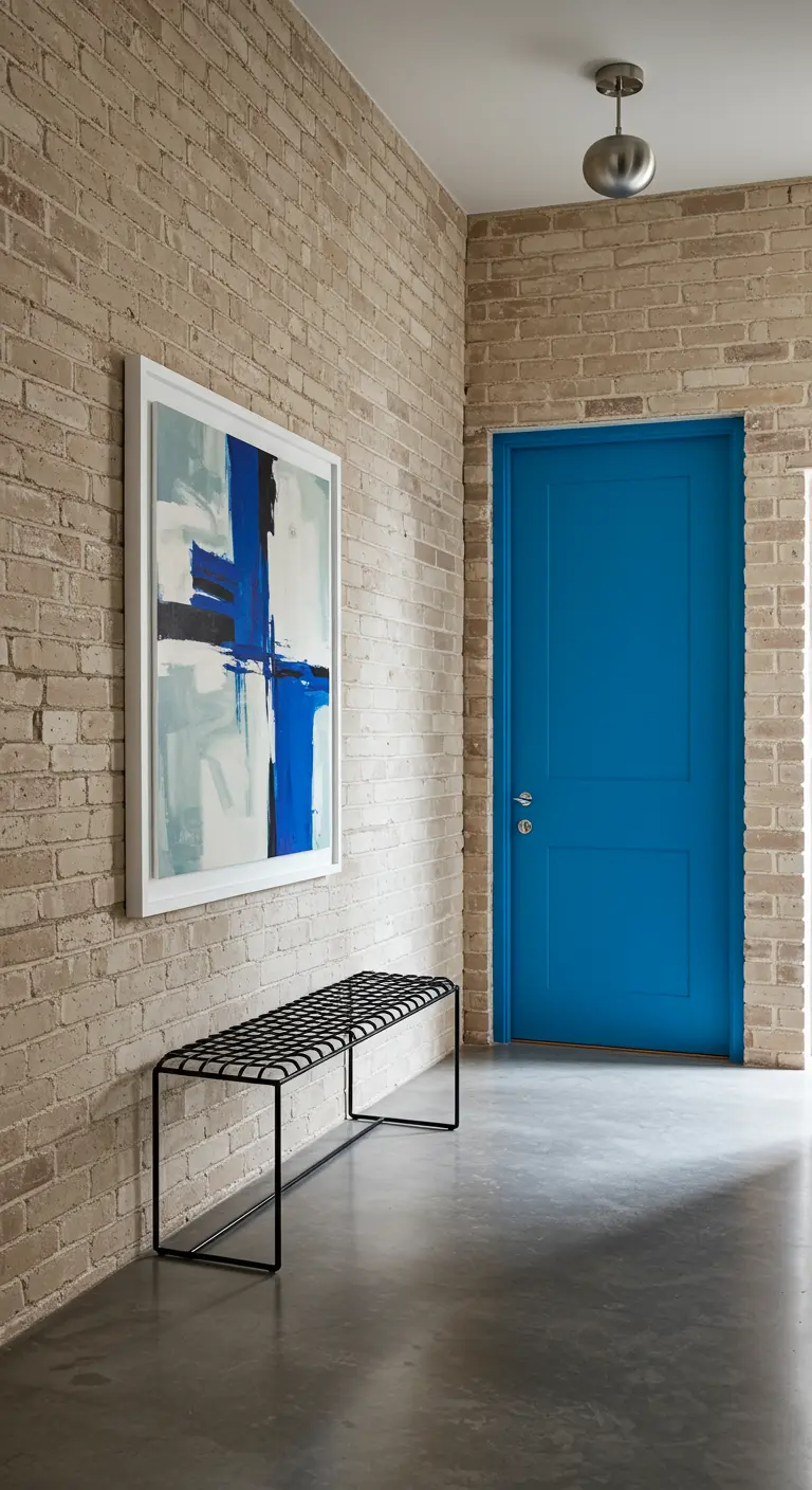 Recibidor industrial con paredes de ladrillo claro, una puerta azul eléctrico y un cuadro abstracto.