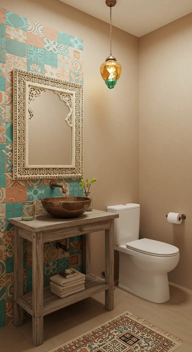 Baño pequeño con pared de acento de azulejos hidráulicos coloridos y mueble de madera rústico