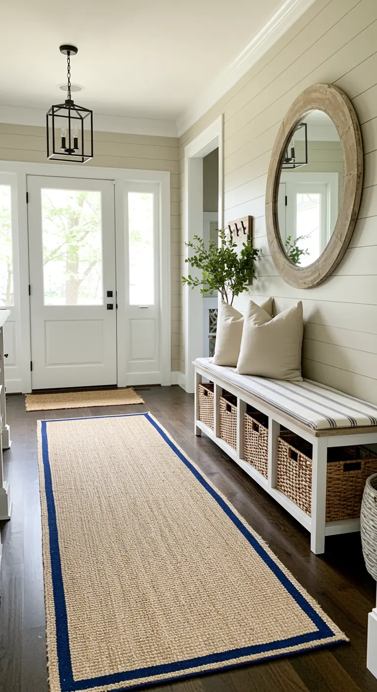 Entrada de estilo costero con alfombra de yute con borde azul, banco blanco y espejo redondo de madera.