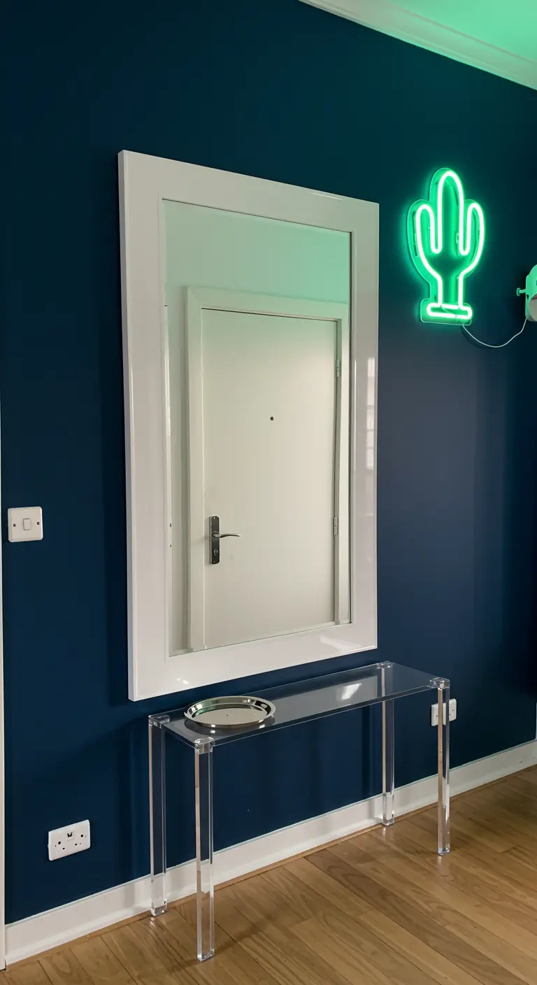 Pared azul oscuro con espejo de marco blanco, consola acrílica y un neón de cactus verde.