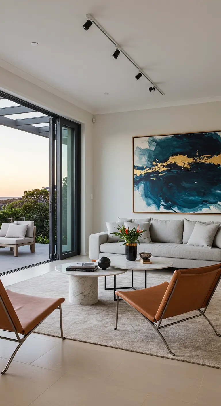 Sala de estar moderna con un gran cuadro abstracto azul y dorado y sillas de cuero.