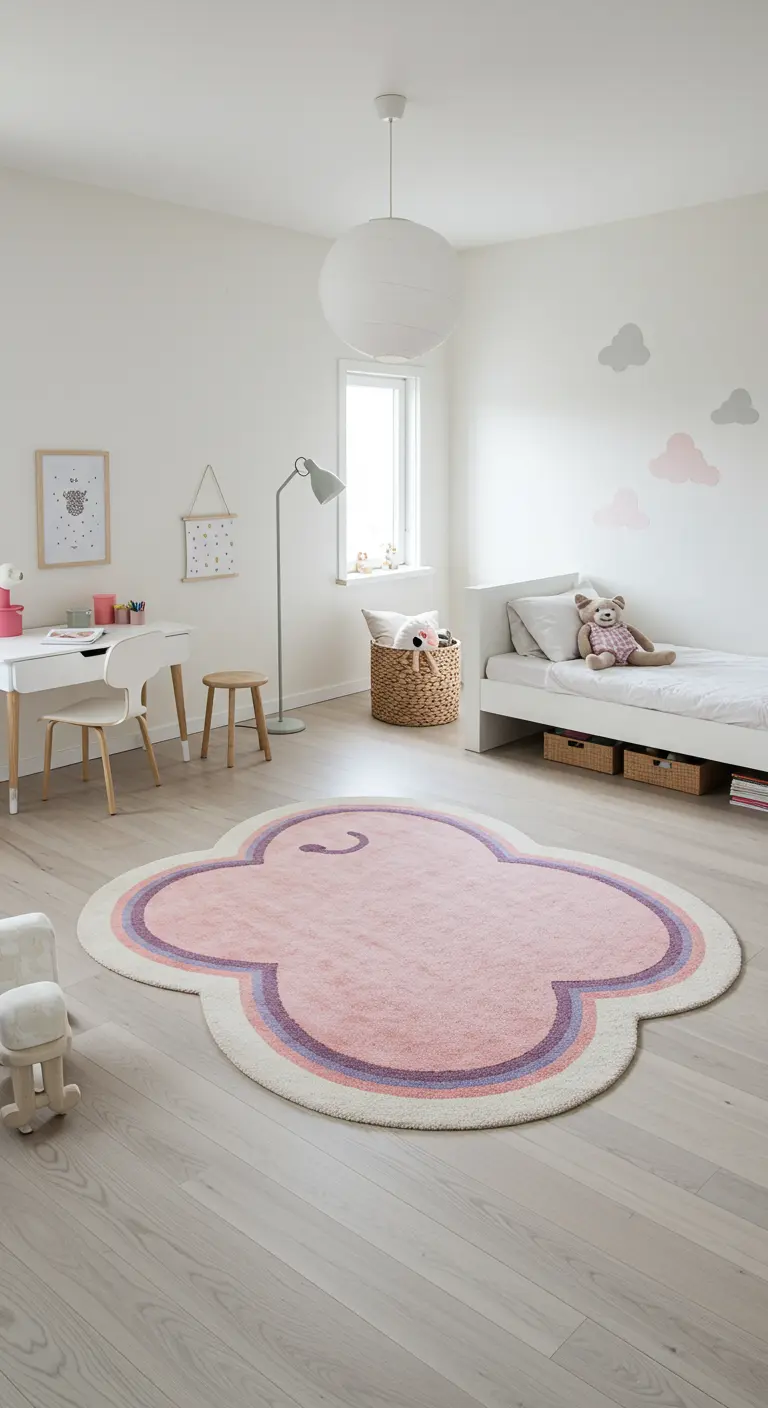 Dormitorio infantil con una adorable alfombra rosa y morada en forma de nube.
