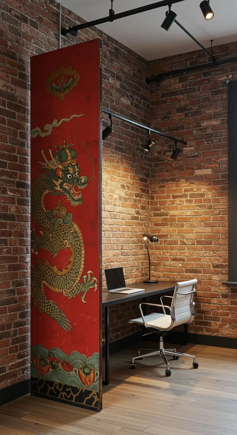 Oficina en casa en una esquina de ladrillo, separada por un panel de biombo rojo con un dragón.