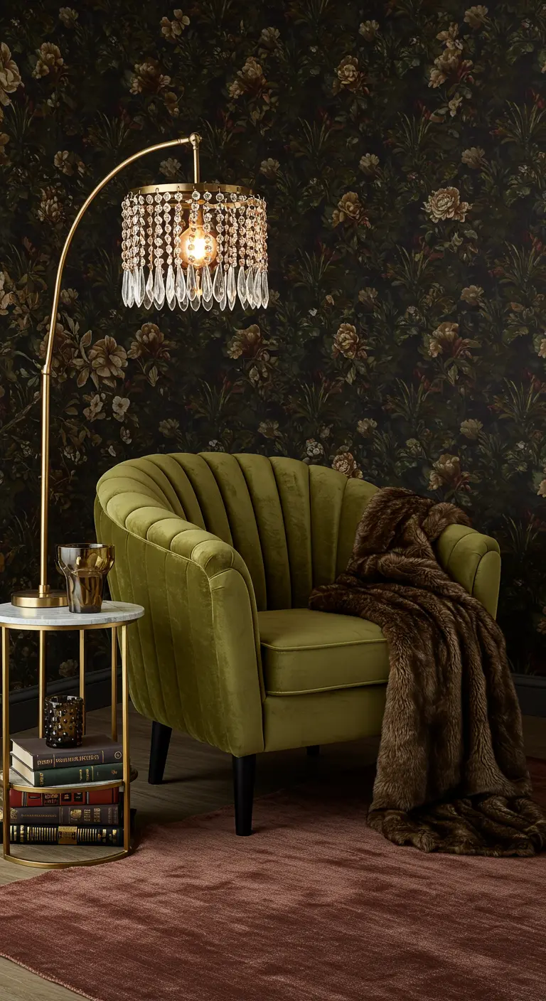 Sillón de terciopelo verde con lámpara de cristal dorada y pared con papel tapiz floral oscuro.
