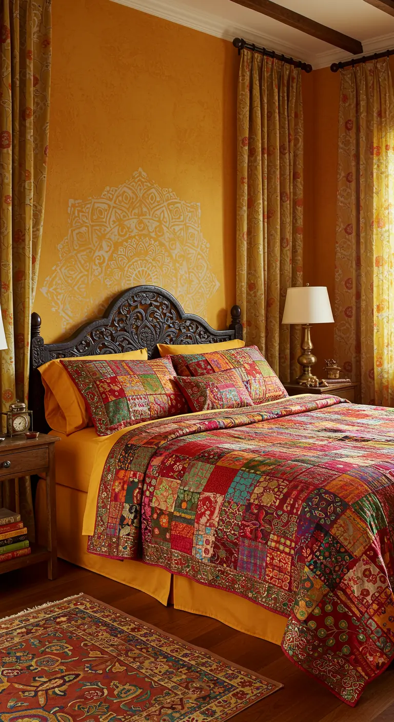 Dormitorio inspirado en la India con paredes amarillas, colcha de patchwork colorida y cabecero de madera tallada.