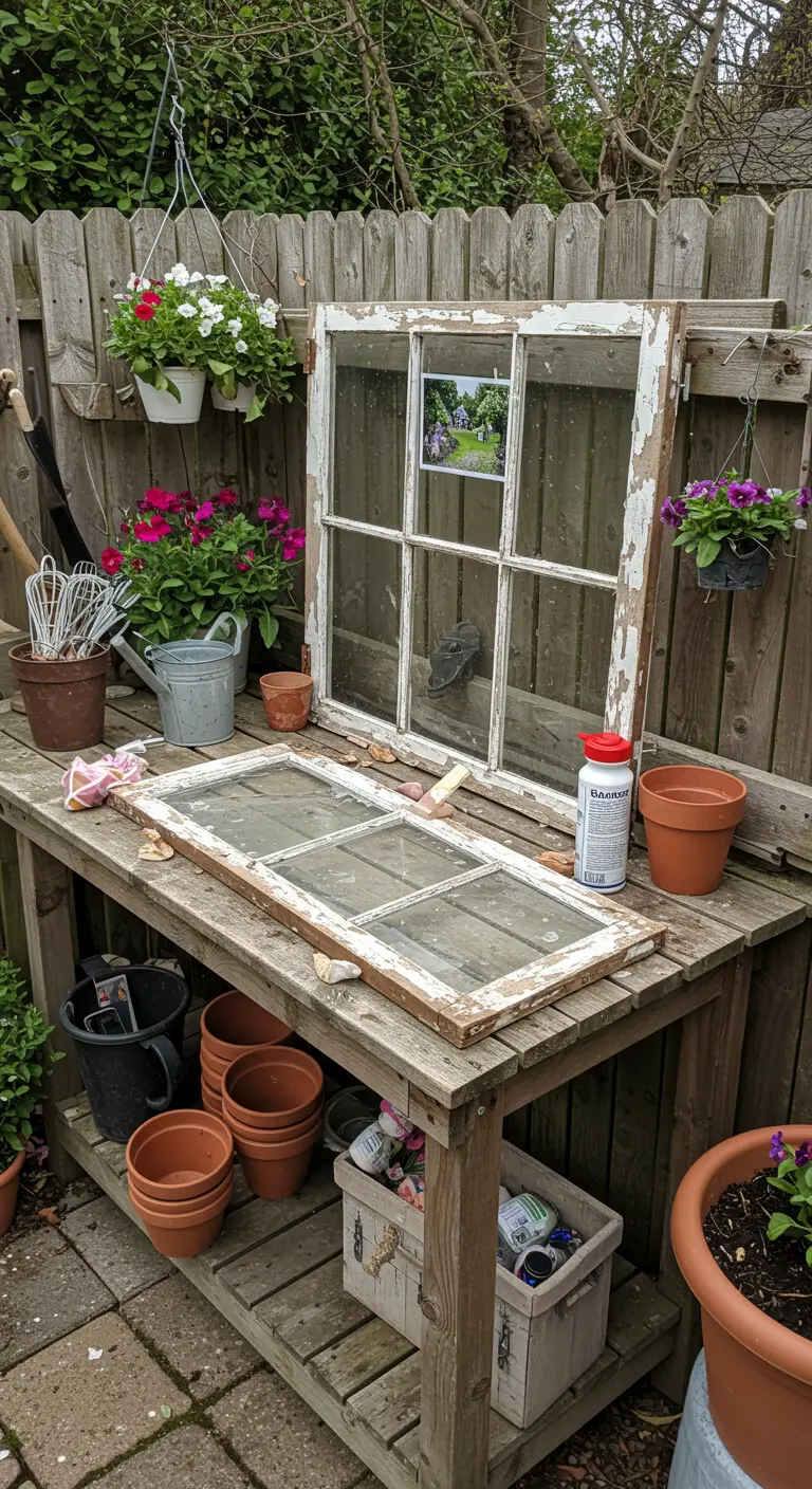 Ventana vieja con pintura desconchada apoyada en un banco de jardín como decoración exterior.