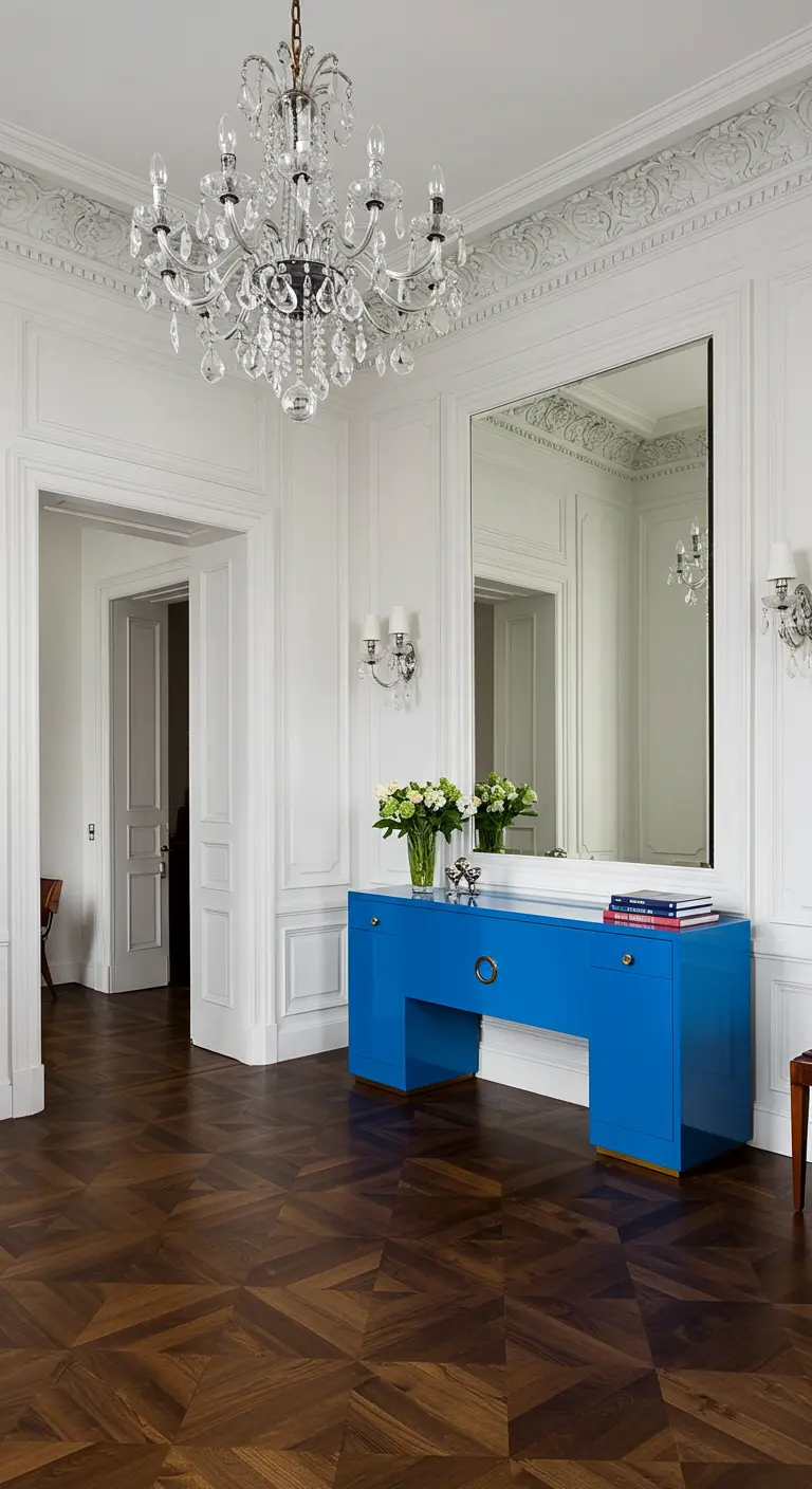 Recibidor clásico con paredes blancas y una consola moderna lacada en azul eléctrico brillante.