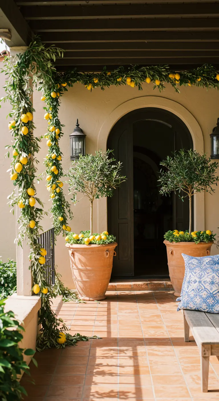 Porche de estilo toscano con una guirnalda de hojas de olivo y limones, y macetas de terracota.