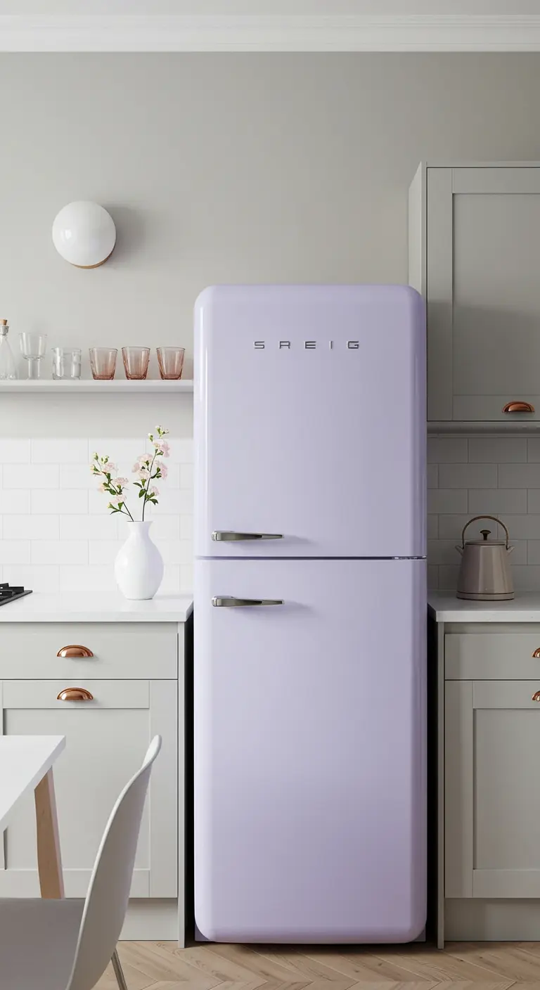 Cocina moderna y minimalista con un frigorífico retro de color lavanda.