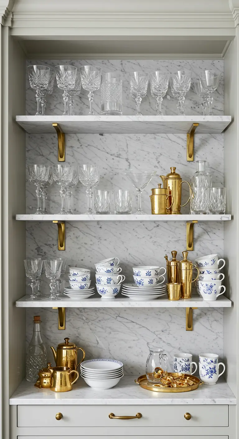 Alacena con fondo de mármol y escuadras doradas, exhibiendo cristalería y un juego de té de porcelana.