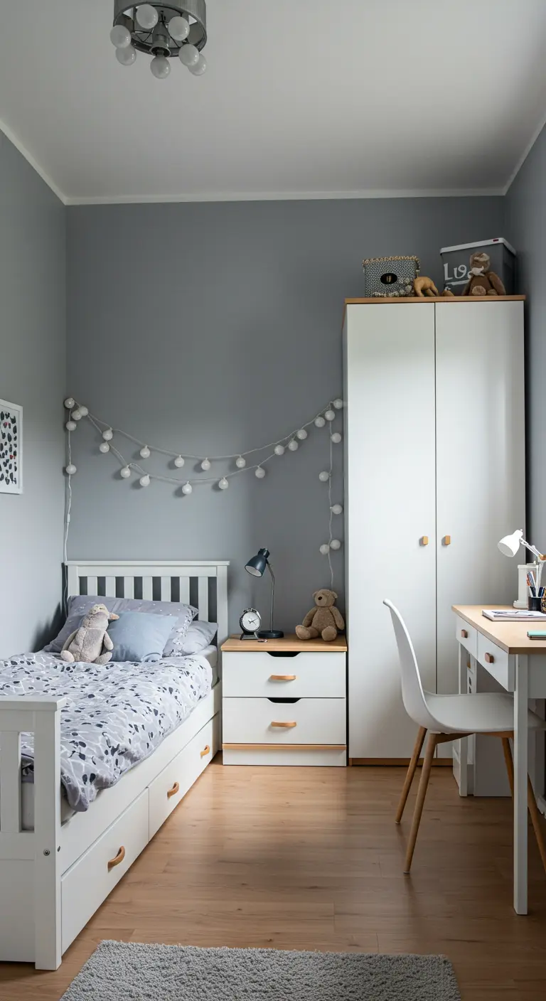 Habitación infantil en tonos grises con una guirnalda de luces de bolas sobre la cama.