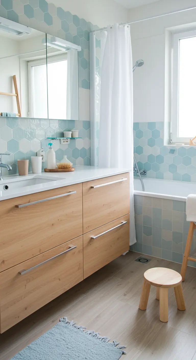 Baño con azulejos hexagonales en color menta, mueble de madera clara y suelo laminado.