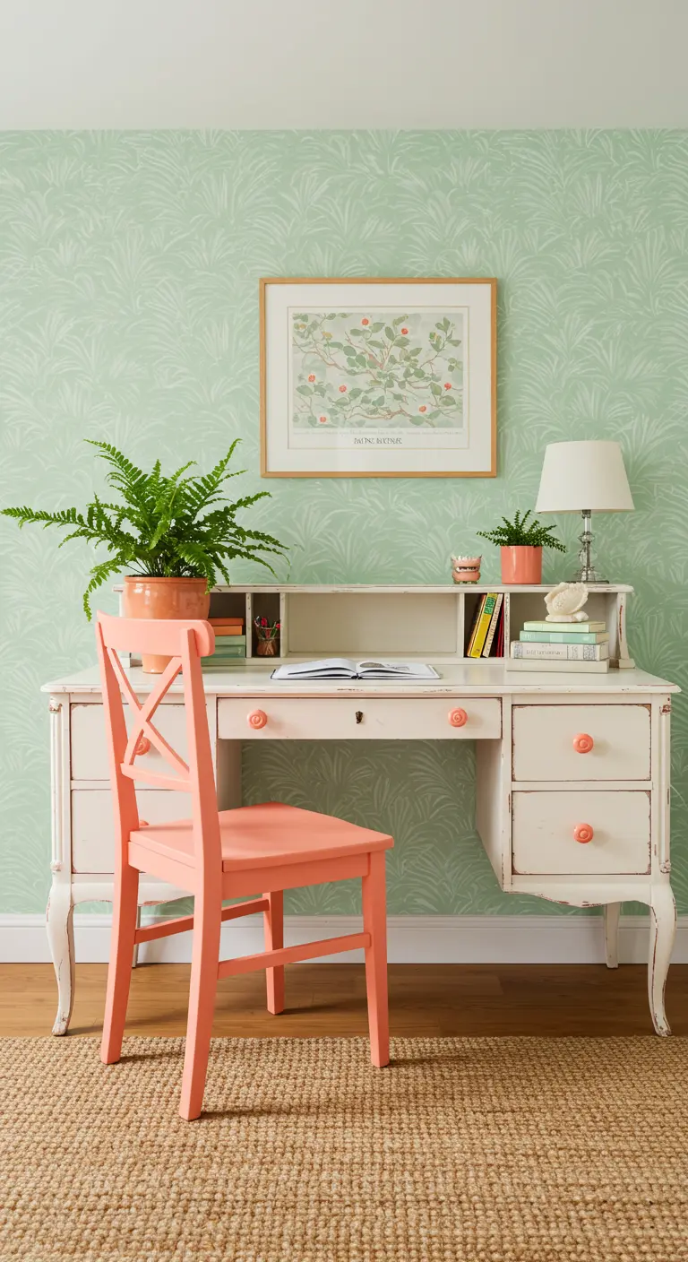 Despacho de estilo vintage con papel pintado verde menta, escritorio blanco y silla coral.
