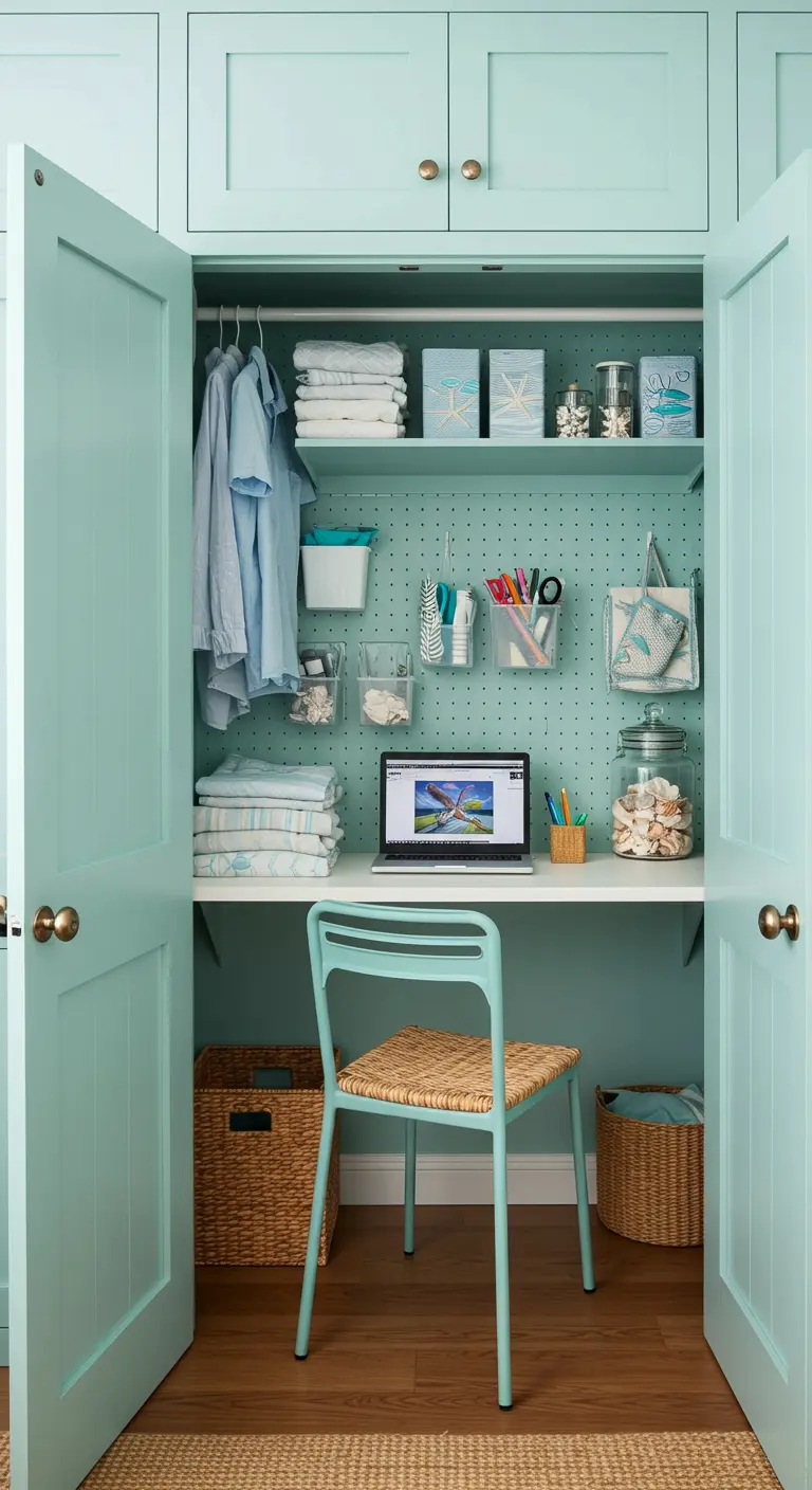 Armario pintado de verde menta con un panel perforado para organizar material de oficina.