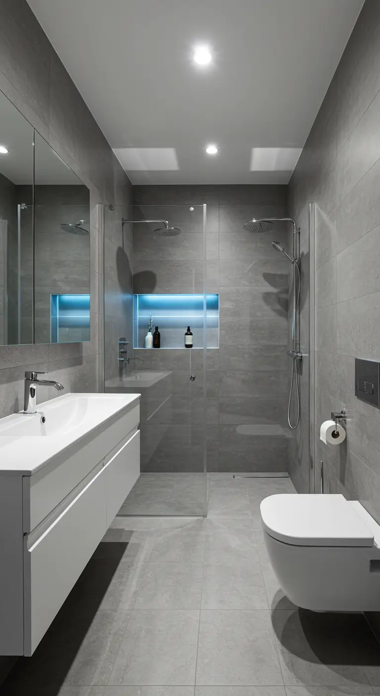 Baño moderno con azulejos grises y nichos en la ducha iluminados con luz LED azul.
