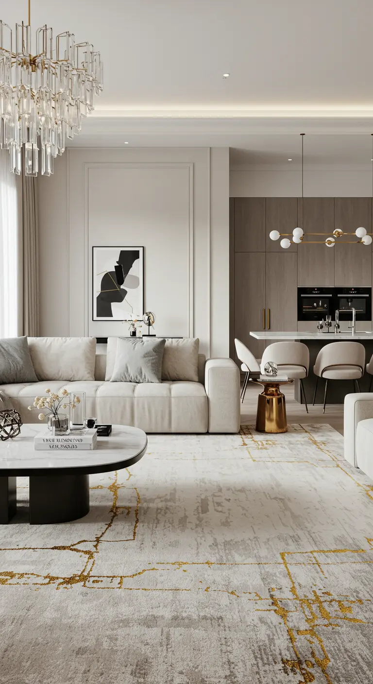 Una gran planta de interior en una maceta cilíndrica de metal dorado junto a un sillón de ratán