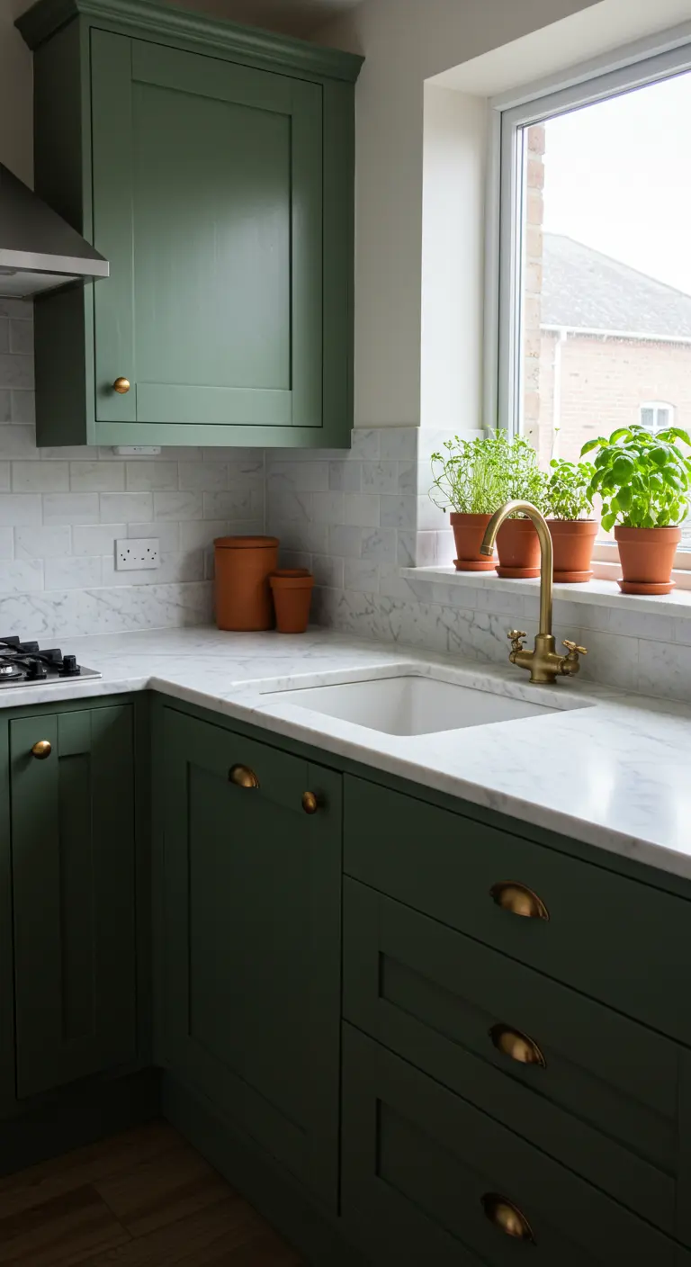 Cocina con armarios verde oscuro, herrajes de latón y hierbas frescas en macetas.