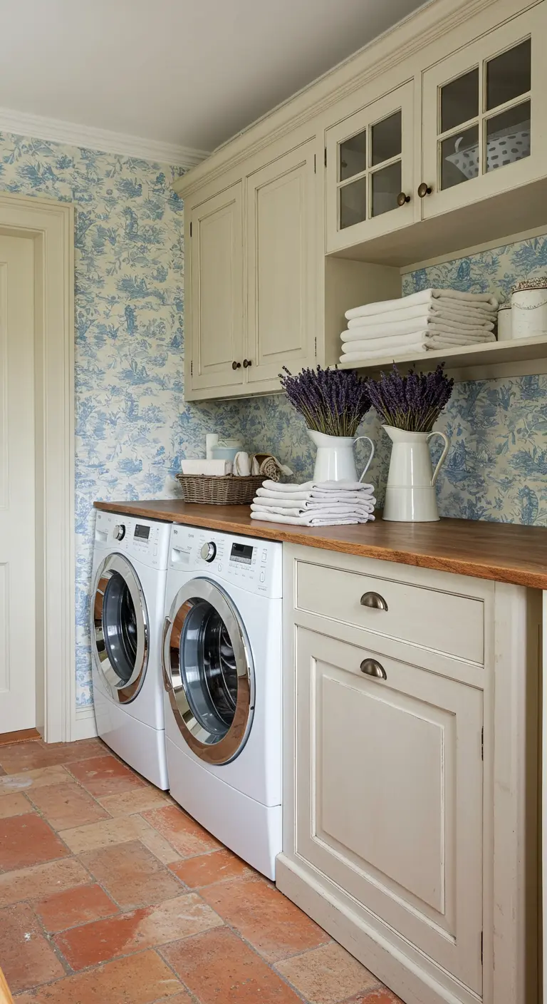 Lavandería de estilo provenzal con papel pintado de toile azul y blanco y flores de lavanda.