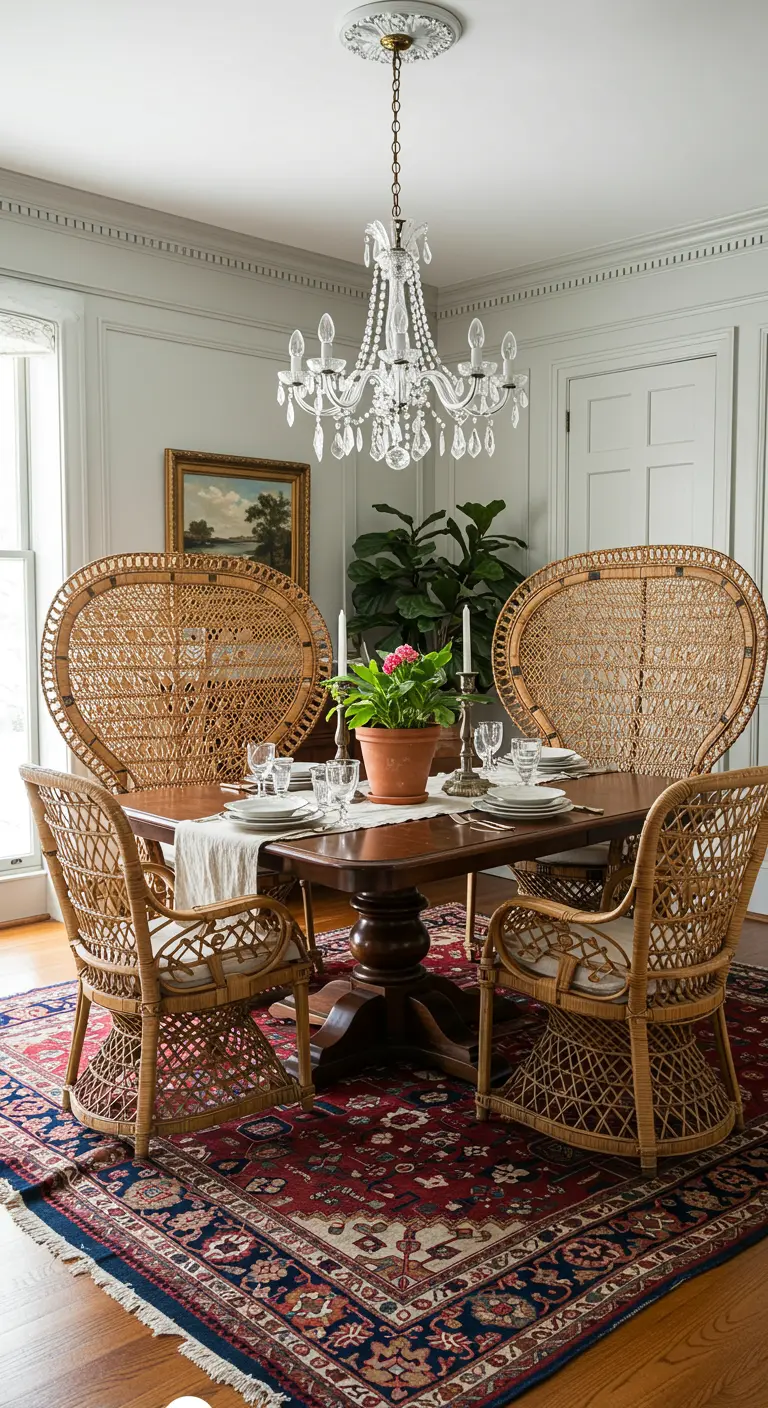 Comedor clásico con sillas pavo real de ratán en las cabeceras y una lámpara de cristal
