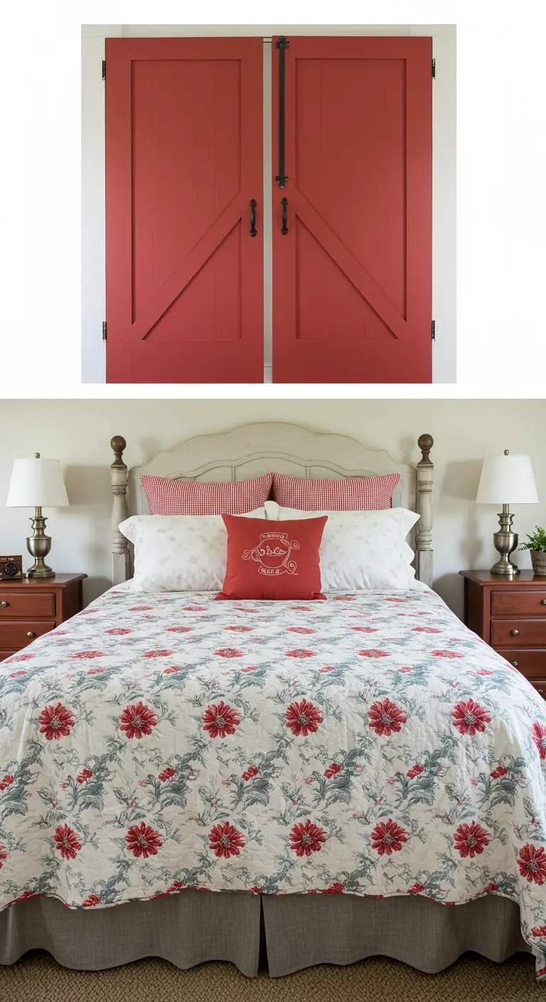 Cabecero de cama de estilo farmhouse con dos puertas de granero pintadas de un rojo intenso.