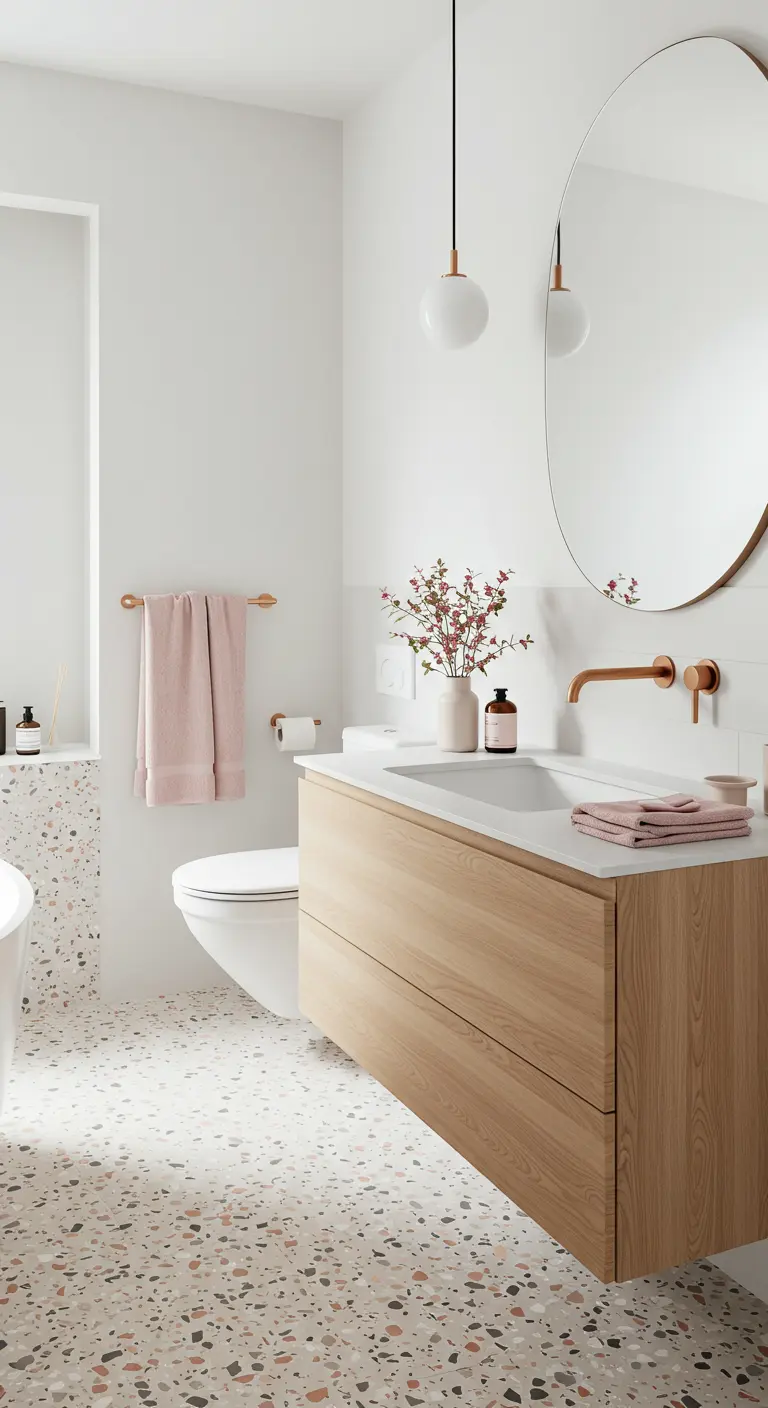 Baño con suelo de terrazo, grifería de cobre y toallas en tonos rosados.