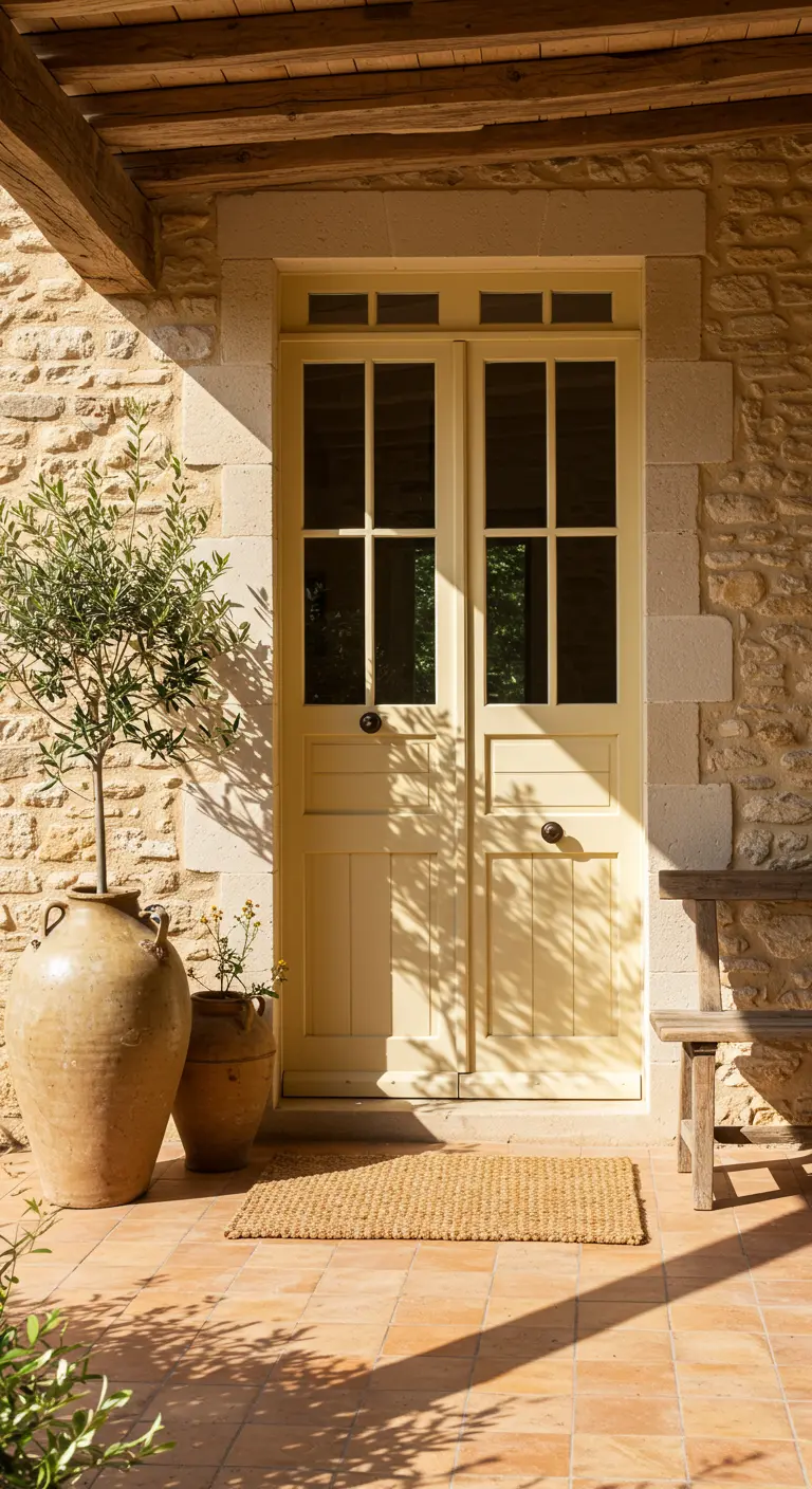 Puerta de entrada amarilla bañada por el sol con un olivo en una gran maceta de terracota