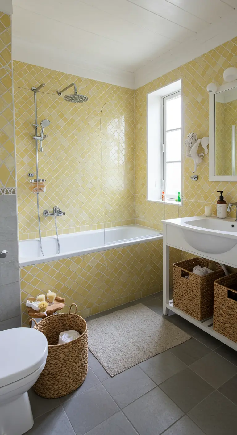 Baño luminoso con azulejos amarillos en la pared de la bañera, suelo gris y cestas de mimbre.