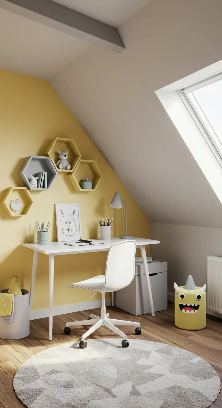 Escritorio en un ático con pared amarilla y estanterías hexagonales grises y amarillas.